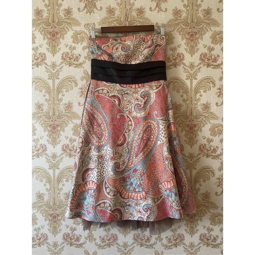 Studio Y Paisley Dress Womens 3/4 Orange Blue Satin Y2K Boho Strapless Tulle Fit